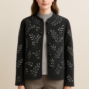 Covelo Women’s Black Embroidered Leaf Wool Button Jacket Size Small Artisanal